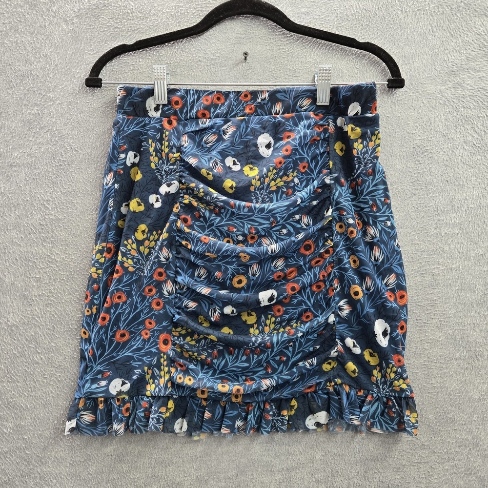 Free‎ People Women Skirt M Blue Romi Mesh Mini Floral Ruffle